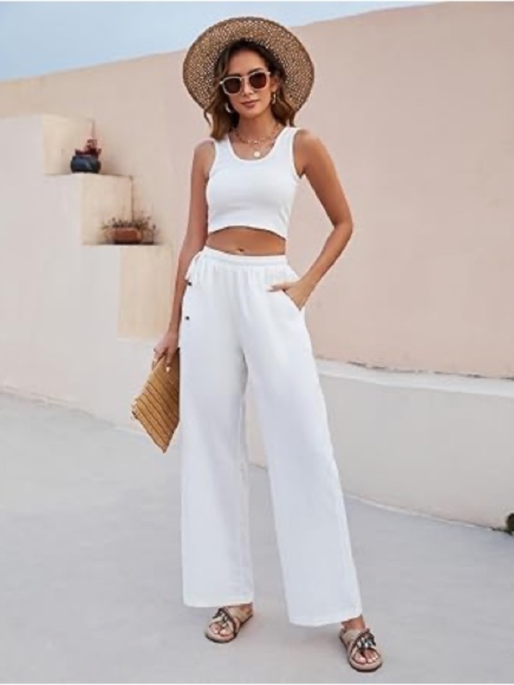 Effortless Wide Leg High-Waist Pants - White Top Set